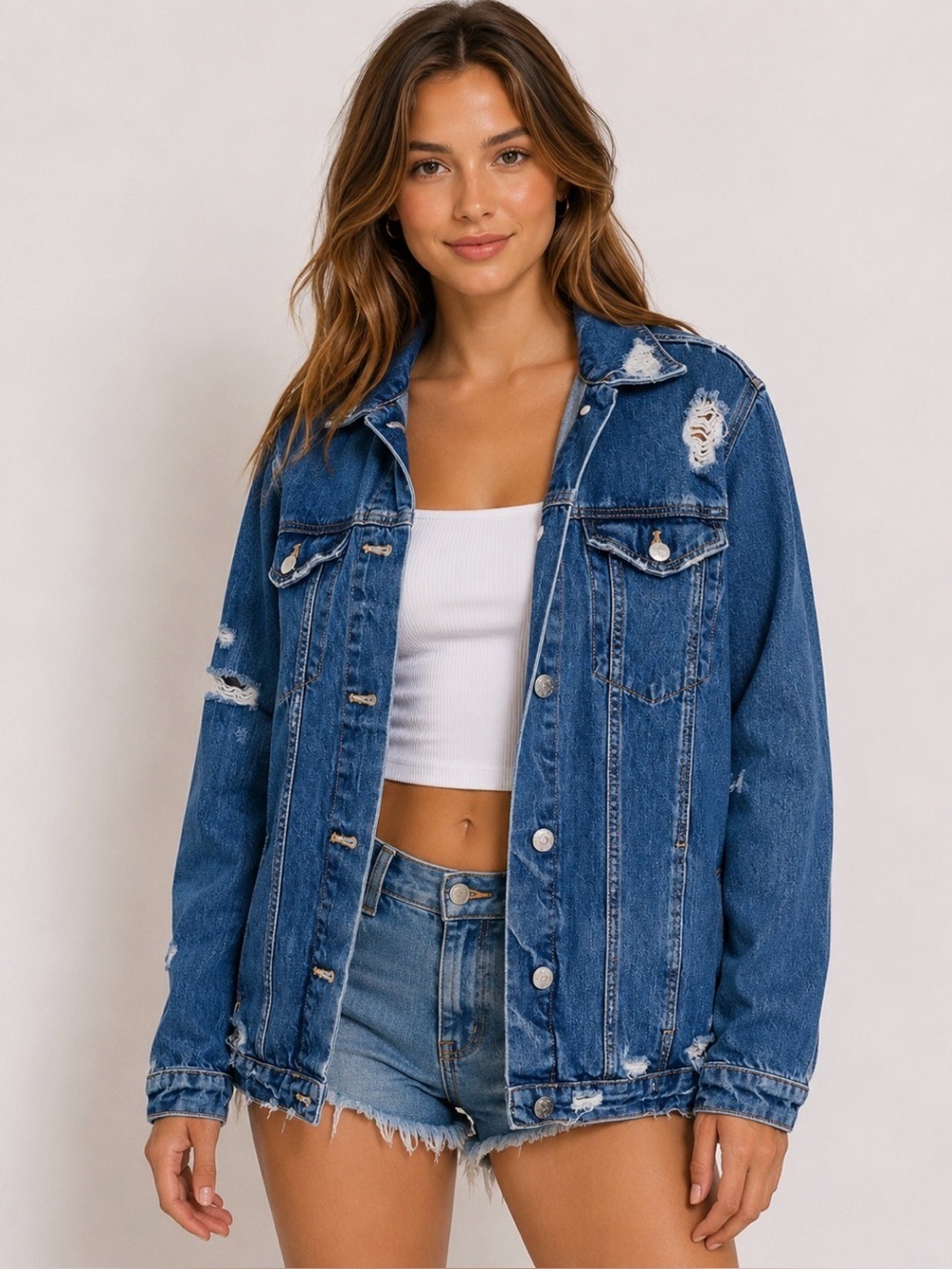 Zara Trafaluc Denim jean Jacket Distressed factory Shredded and destroyed SZ SM